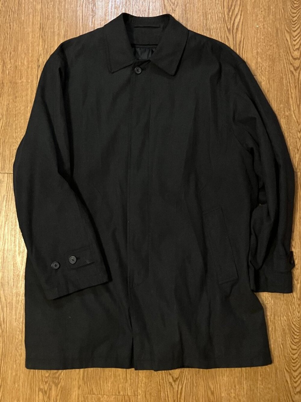 Vintage Bill Blass Black Microfiber Car Coat Men 44R Zip Out Lining Plaid Mac